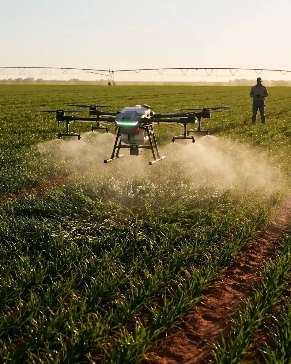 Drone agrícola pulverizando as linhas de plantio ao entardecer